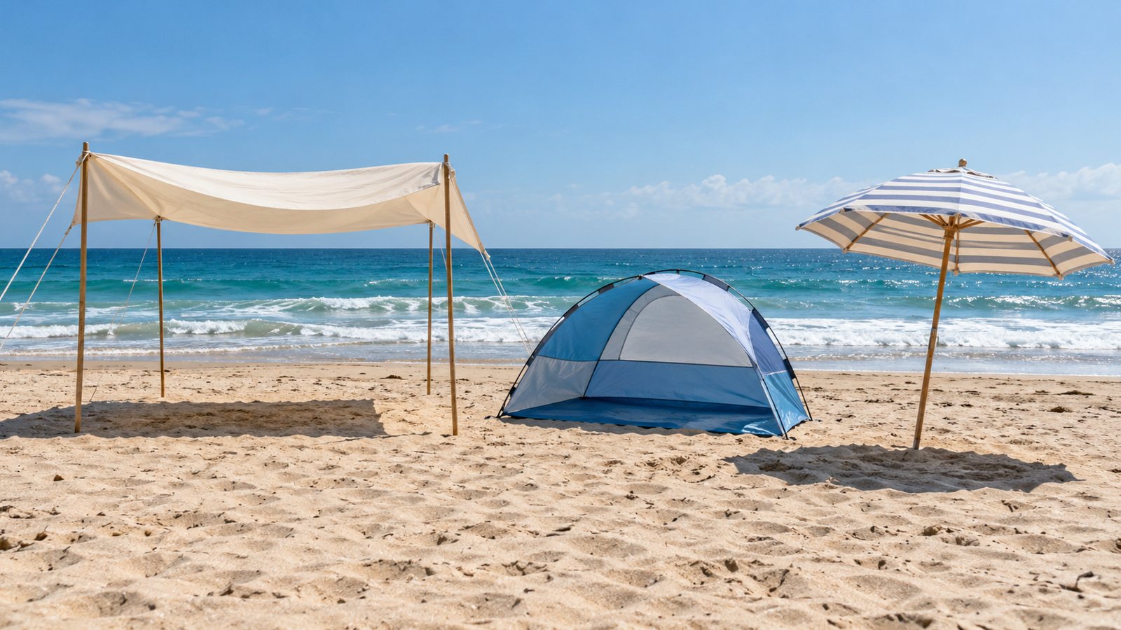 Three beach shelters on the sand (illustrative)