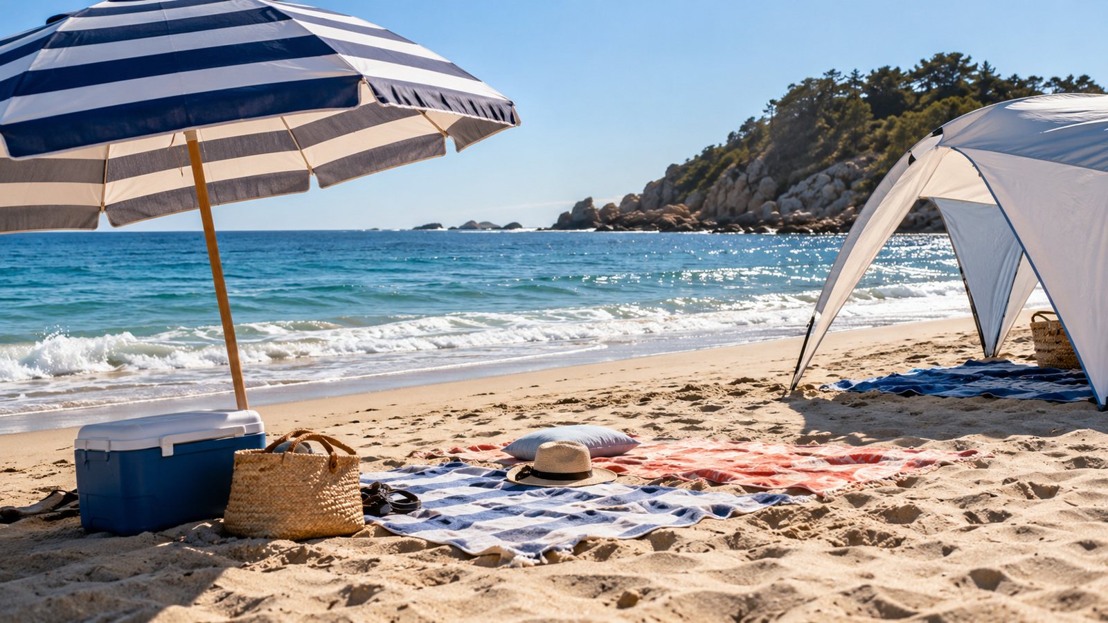 A beach with an umbrella and shade tent (illustrative)