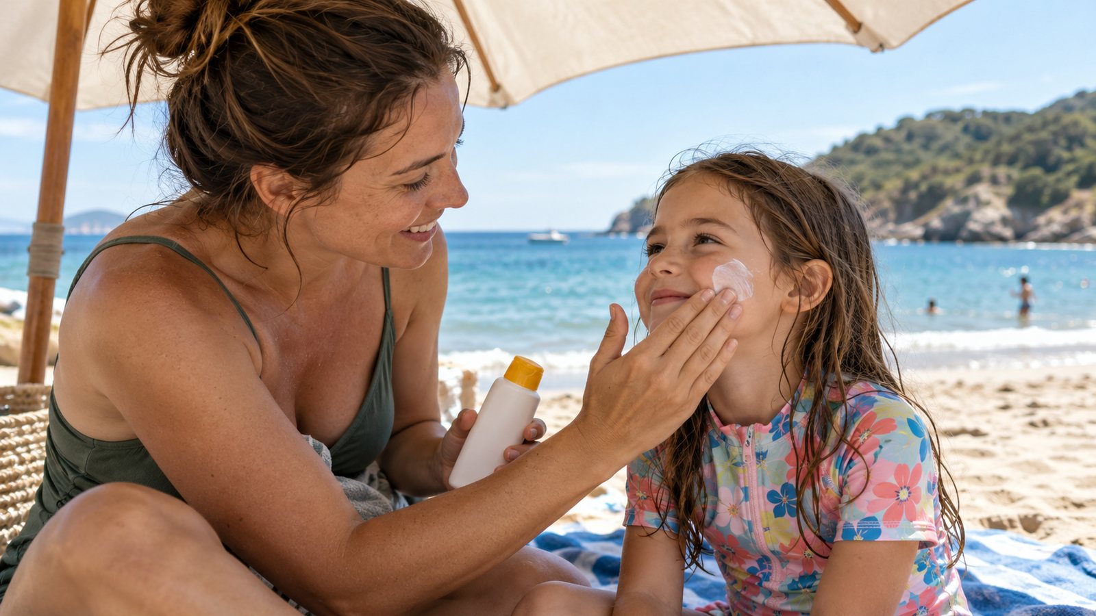 Child in a sun hat at the beach (illustrative)